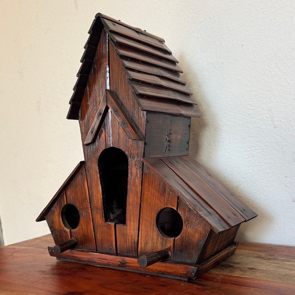 Handmade Rustic Stained Wooden Birdhouse With Tray Three Hole - Picture 6 of 13